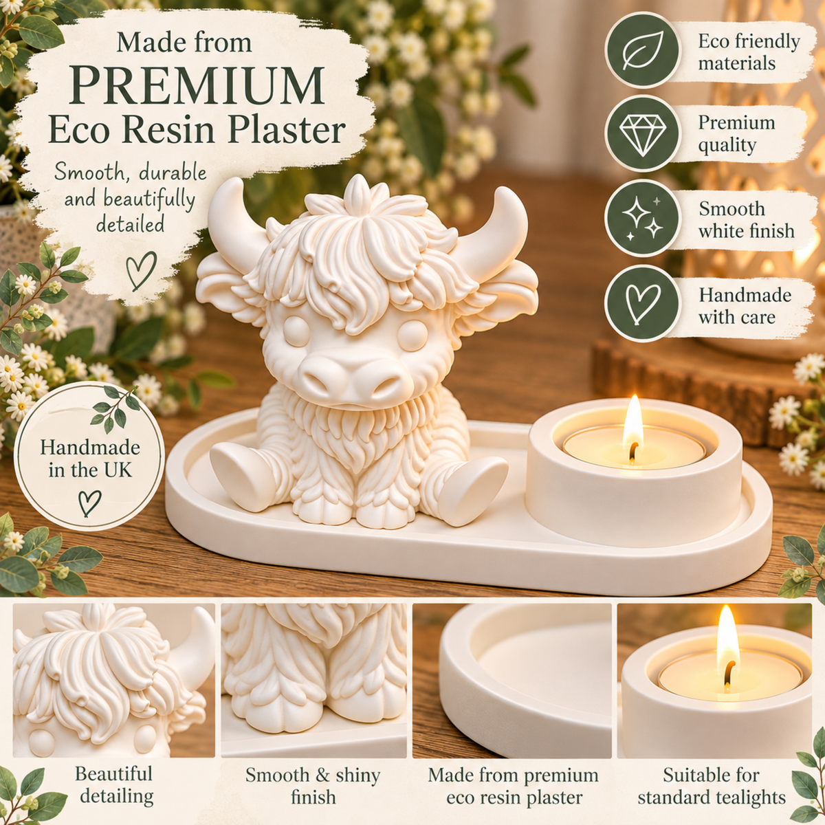 Highland Cow Tealight Buddy – Handmade White Eco Resin Plaster Candle Holder – Cute Highland Cow Home Décor Gift. Dougal