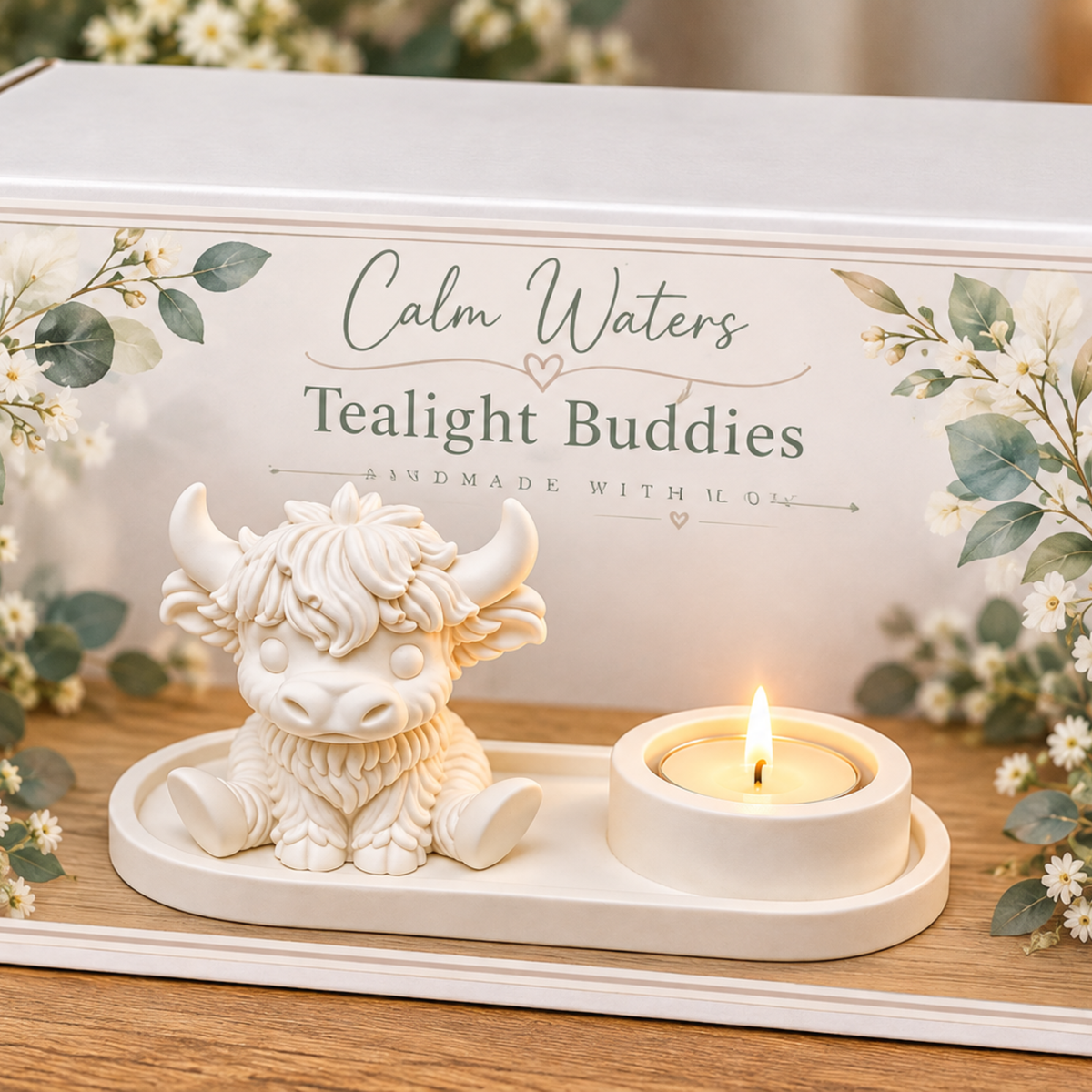 Highland Cow Tealight Buddy – Handmade White Eco Resin Plaster Candle Holder – Cute Highland Cow Home Décor Gift. Dougal
