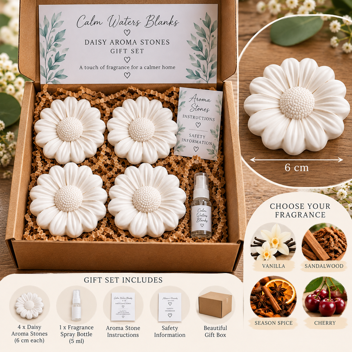 Daisy Aroma Stones Gift Set – Set of 4 with Fragrance Spray – Handmade Home Fragrance