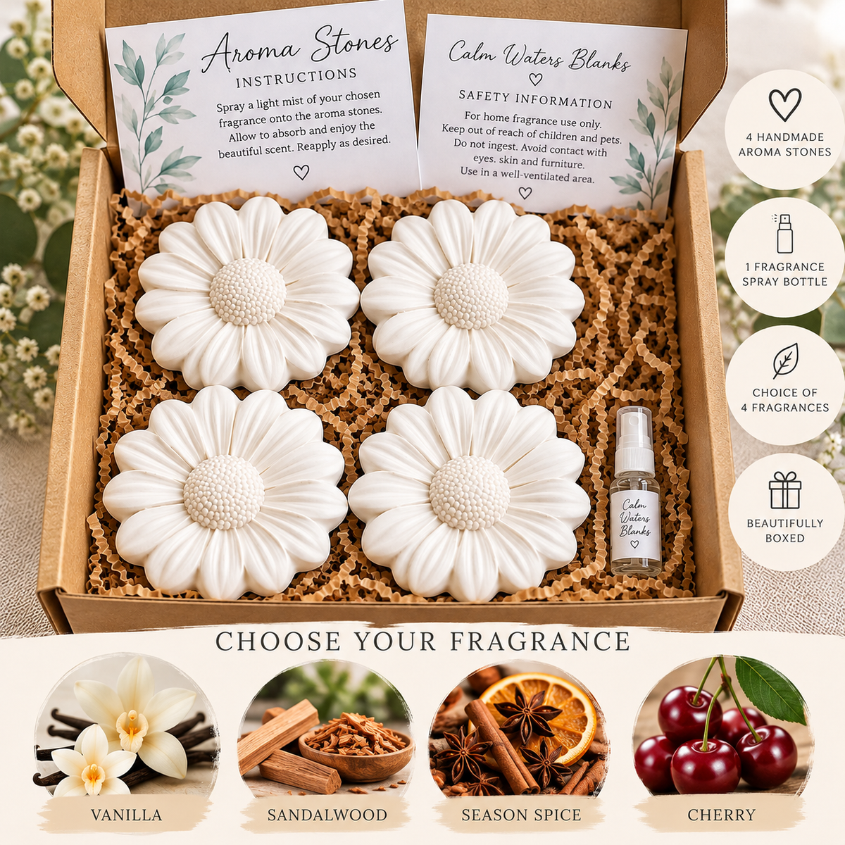 Daisy Aroma Stones Gift Set – Set of 4 with Fragrance Spray – Handmade Home Fragrance