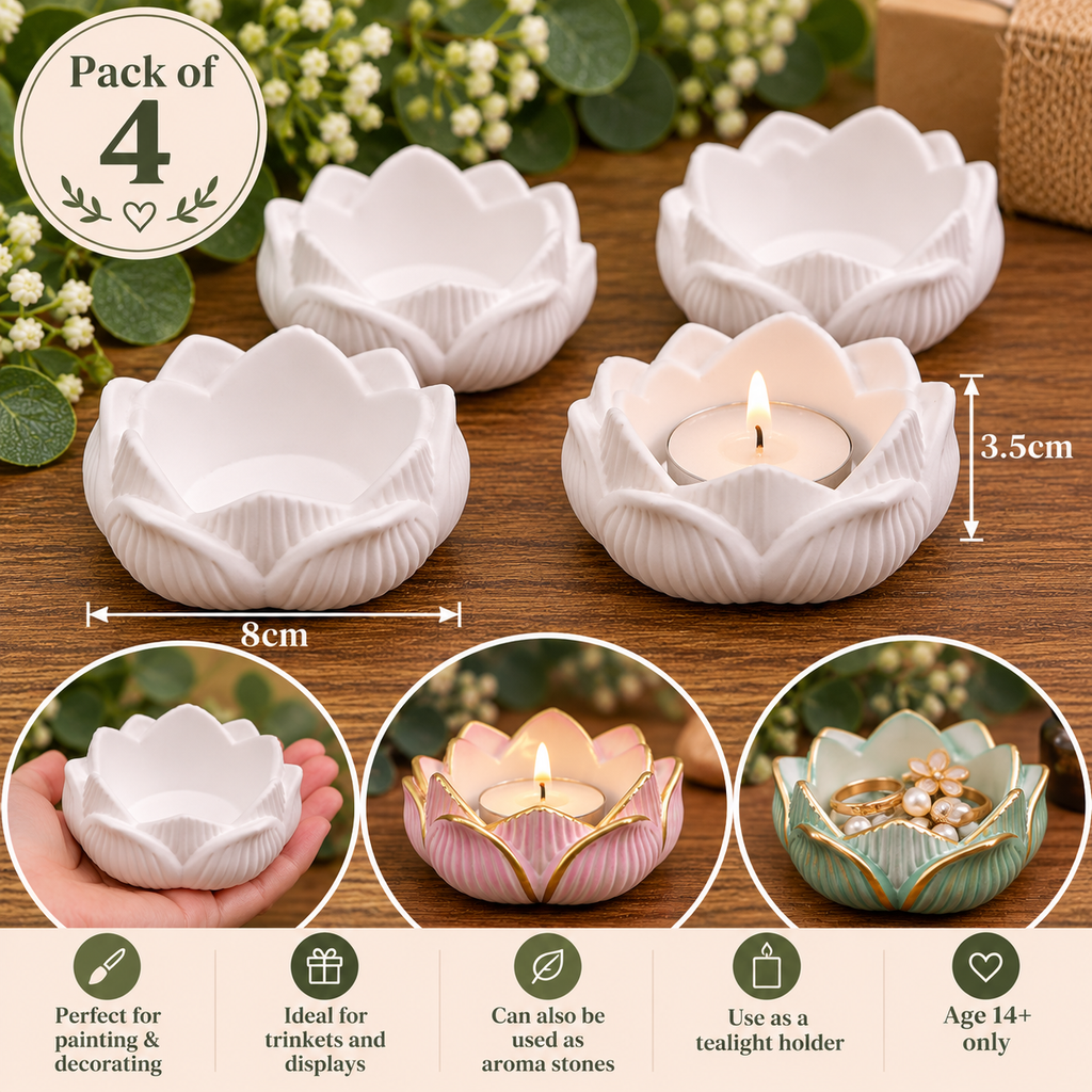 Lotus Flower Trinket Bowl Plaster Blanks – 8cm – Pack of 4 – Age 14+