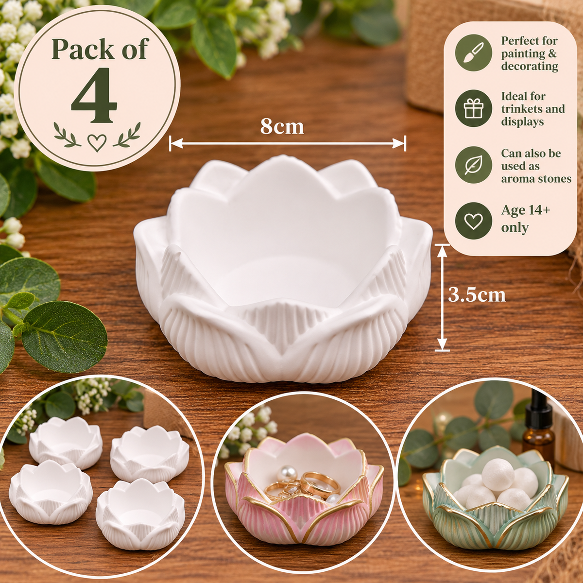 Lotus Flower Trinket Bowl Plaster Blanks – 8cm – Pack of 4 – Age 14+