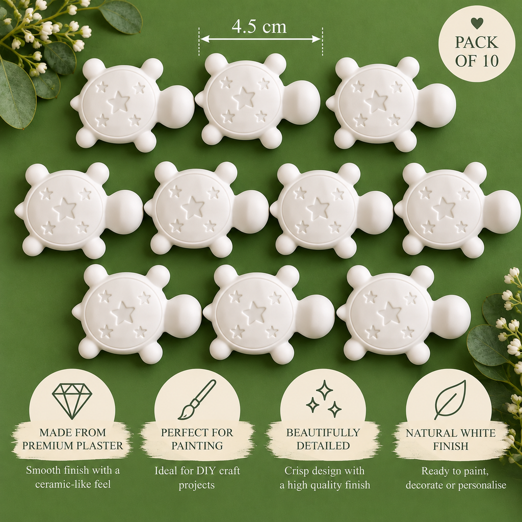 Pack of 10 Turtle Plaster Blanks – 4.5cm – Premium Smooth Ceramic-Like Finish – Ready to Paint
